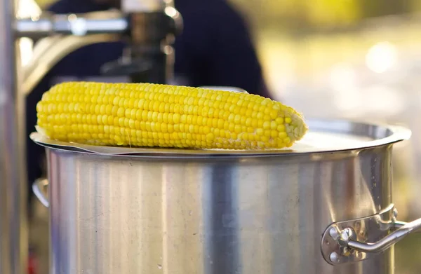 Delicious Fresh Boiled Corn One Metal Pan Close View Lies — Stock Photo, Image