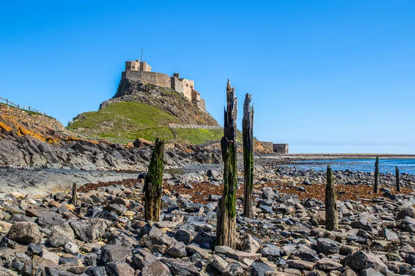 Lindisfarne Castelo Ilha Sagrada Northumberland Holy Island Uma Ilha Maré — Fotografia de Stock