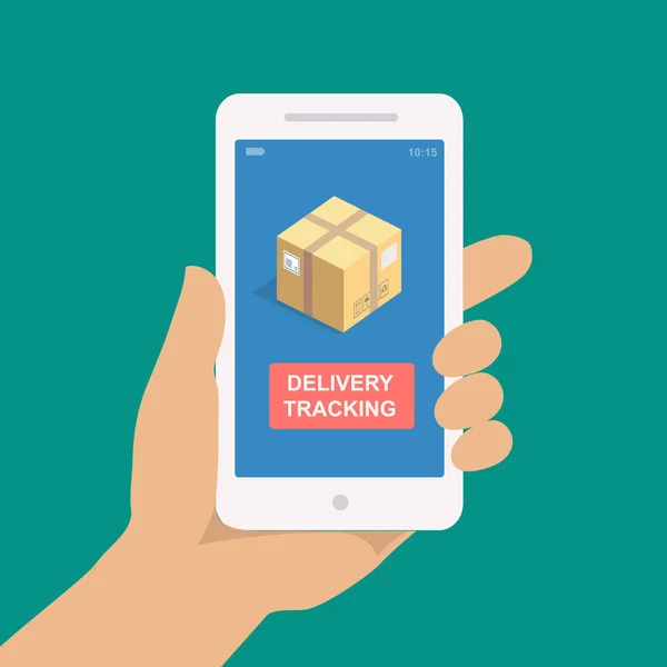 Parcel tracking. Hand holding smartphone with cardboard package. Mobile delivery tracking app