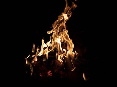 Yaz kampı ateşi, ateş manzarası ve yanan odun..