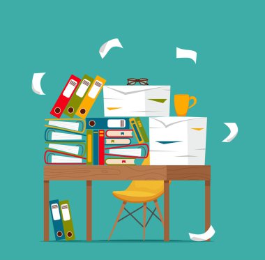 Evrak, belge ve dosya klasörleri yığını