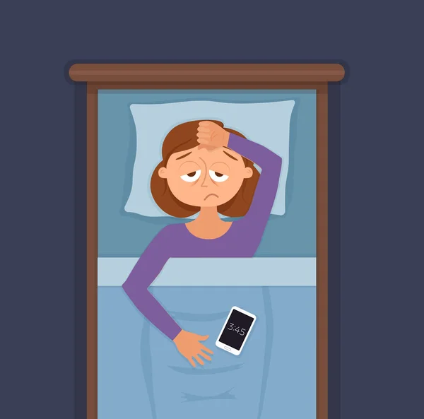 Mujer insomne cara personaje de dibujos animados sufre de insomnio — Vector de stock