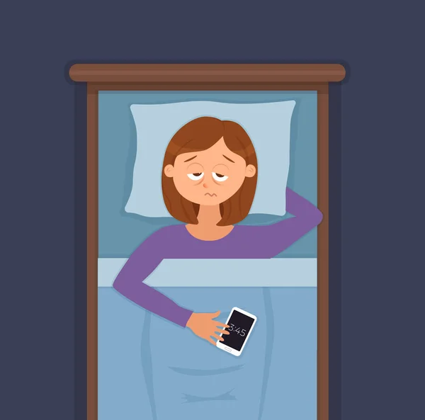 Mujer insomne cara personaje de dibujos animados sufre de insomnio — Vector de stock