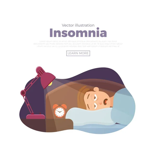 Hombre insomne cara personaje de dibujos animados sufre de insomnio — Vector de stock