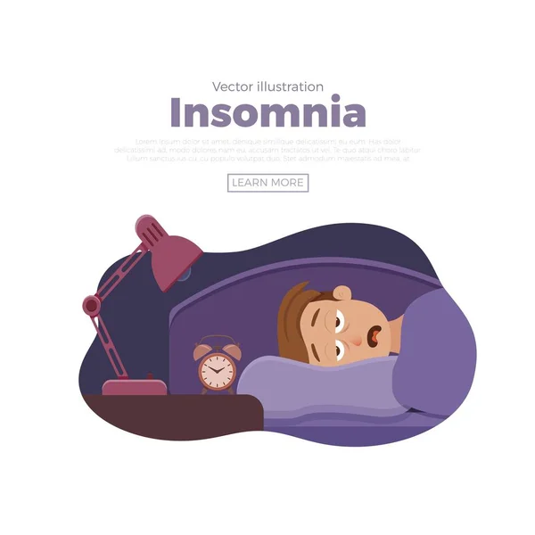 Hombre insomne cara personaje de dibujos animados sufre de insomnio — Vector de stock