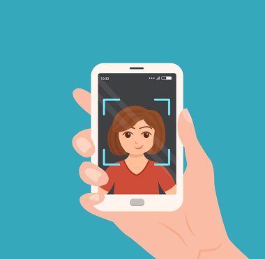Selfie renkli vektör kavramı. Smartphone ile kendini bir fotoğraf çekici kadın karikatür çizimi. El üstünde belgili tanımlık perde telefon kız portre ile tutarak 