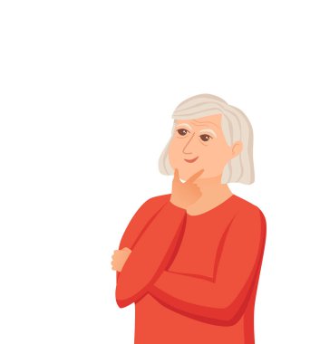 Yaşlı kadın soru işaretleri ile düşünme. Vektör çizim