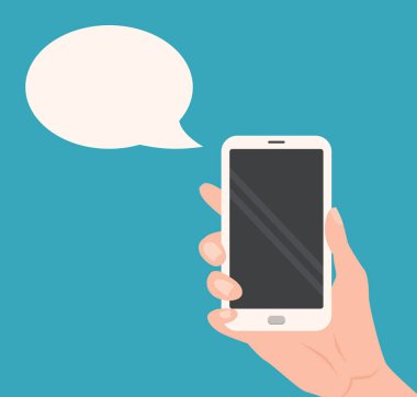 İnsan eli ile konuşma balonu ile boş perde Smartphone holding