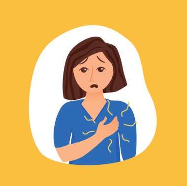 Kız panik atak karikatür tarzı konseptinden uğrar. Depresyon belirtileri, ilaç Infographic, Web siteleri, broşür, dergiler için risk faktörleri kadın vektör çizim.