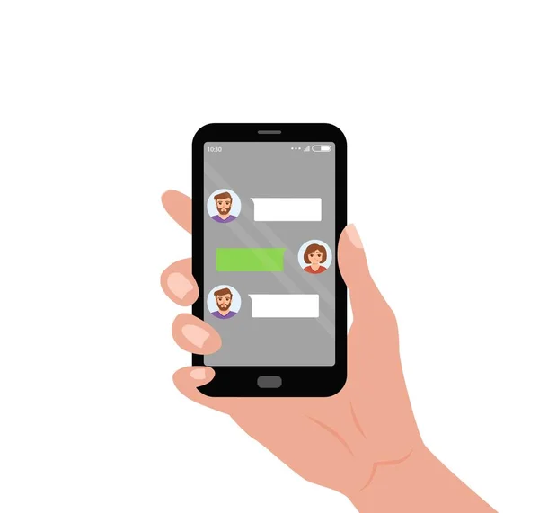 Main tenant mobile avec application de messagerie de chat en direct à l'écran . — Image vectorielle