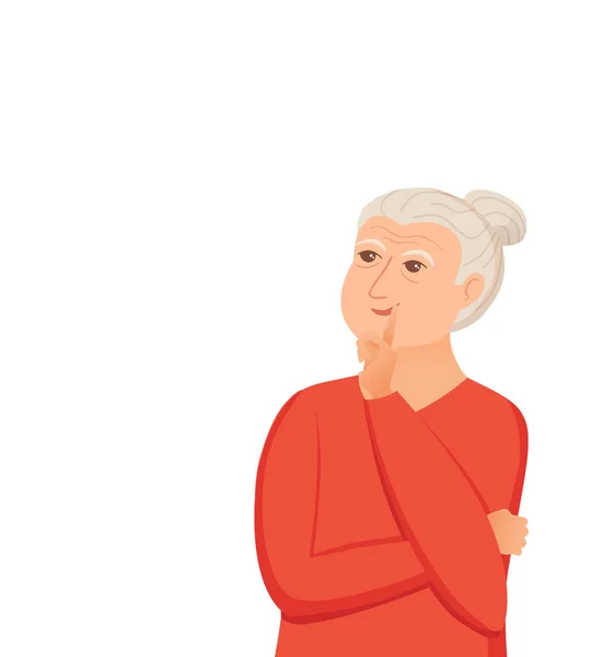 Oude vrouw met vraagtekens te denken. Vectorillustratie — Stockvector