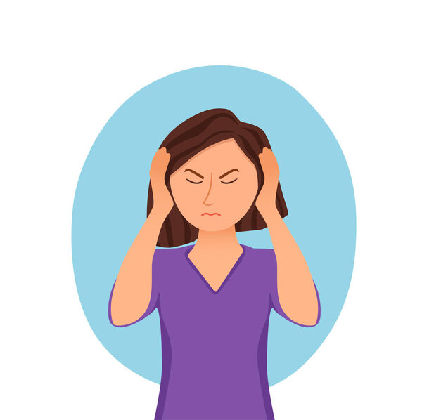 Young woman having headache cartoon illustration.