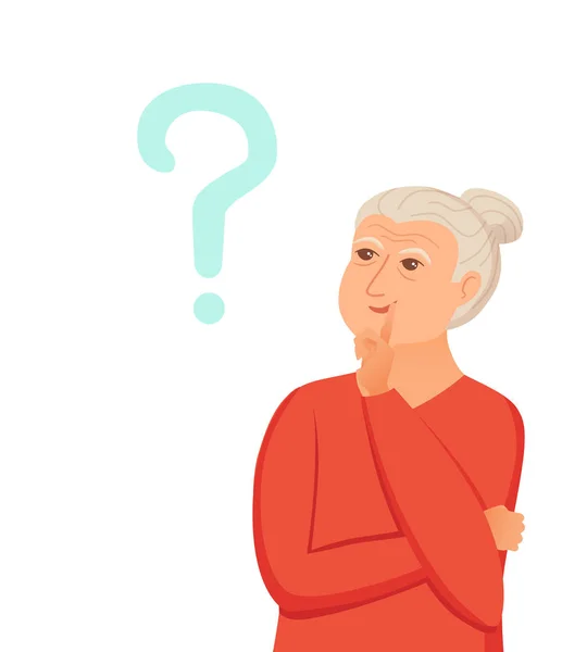 Стара жінка думає з знаками питання вектор . — стоковий вектор