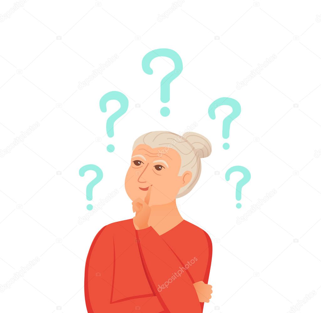 Old woman thinking with question marks vector.