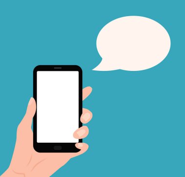 İnsan eli ile konuşma balonu ile boş perde Smartphone holding