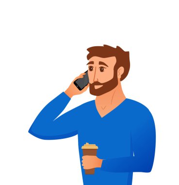 Belgili tanımlık smartphone üzerinde konuşma ve kahve fincanı teslim genç adam