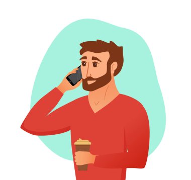 Belgili tanımlık smartphone üzerinde konuşma ve kahve fincanı teslim genç adam.