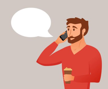 Belgili tanımlık smartphone üzerinde konuşma ve kahve fincanı teslim genç adam.