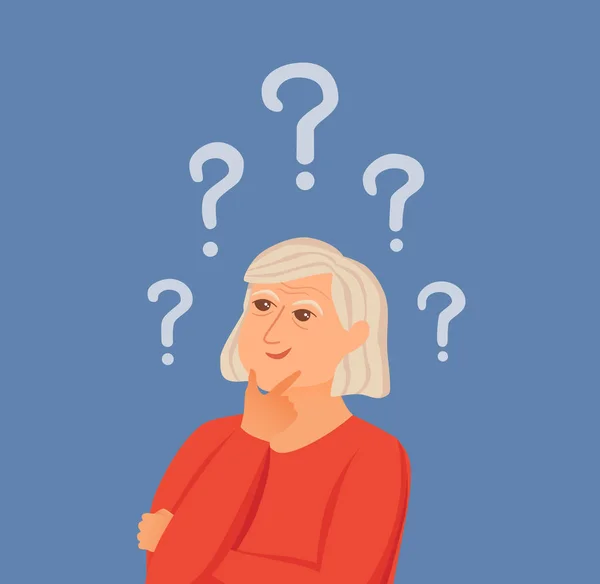 Ηλικιωμένη γυναίκα σκέφτεται με ερωτηματικά διάνυσμα. — Διανυσματικό Αρχείο