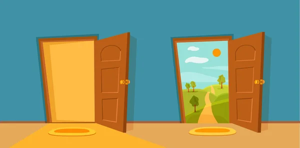 Відкриті двері мультфільм барвисті векторні ілюстрації. Вхід в квартиру будинку — стоковий вектор