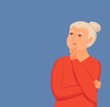 Yaşlı kadın soru işaretleri ile düşünme. Vektör çizim