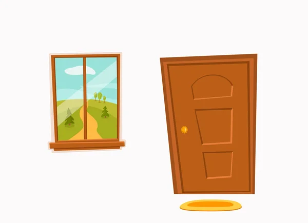 Ilustración colorida del vector de la historieta de la ventana y de la puerta con paisaje del sol del verano — Vector de stock