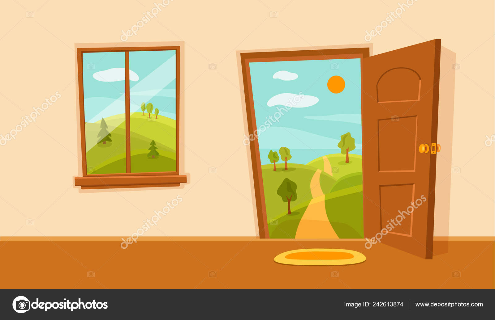 Window And Door Cartoon Colorful Vector Illustration With Valley Summer Sun Landscape Stock Vector Image By C Oligliya