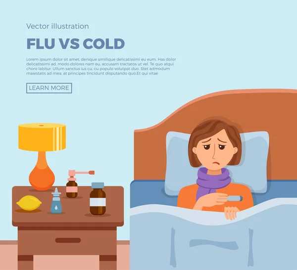 Sick menl in bed with the symptoms of cold, flu. — Stock Vector