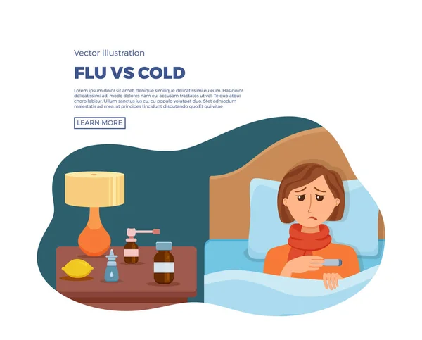 Больная девушка в постели с симптомами простуды, гриппа . — стоковый вектор
