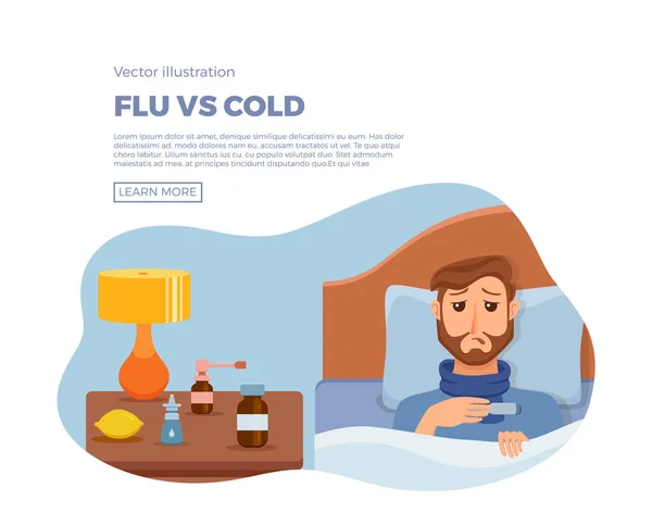 Kranker Mann im Bett mit Erkältungssymptomen, Grippe. — Stockvektor