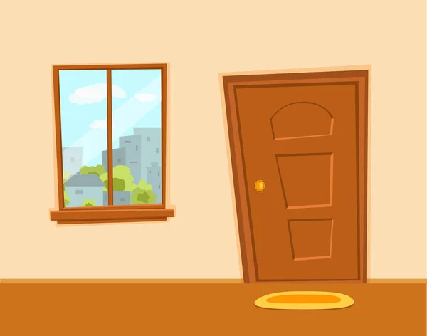 Ilustración colorida del vector de la historieta de la ventana y de la puerta con paisaje del sol del verano — Archivo Imágenes Vectoriales