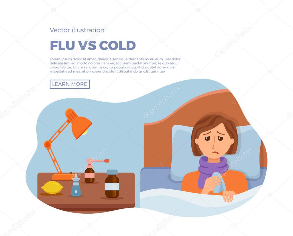 Sick girl in bed with the symptoms of cold, flu.