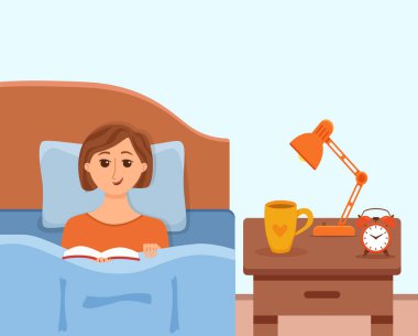 Kız eve yatak yatakta yatan ve bir kitap okuma