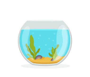 Vector aquarium golden fish silhouette illustration with water, seaweed, shells, sand bubbles. clipart