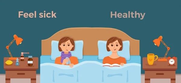 Niña enferma en la cama los síntomas de resfriado, gripe y sentirse bien hombre sano con libro — Vector de stock