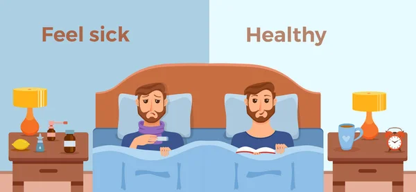 Beteg férfi az ágyban, a tünetek a hideg, influenzás, és úgy érzi, jó egészséges férfi könyvvel — Stock Vector