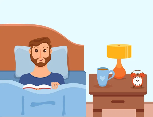 Guy liggend op bed in huis slaapkamer en lezen van een boek in haar handen — Stockvector