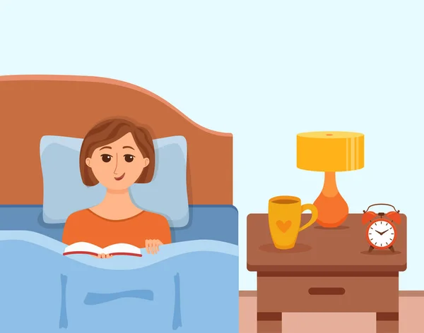 Ragazza sdraiata sul letto in camera da letto e la lettura di un libro — Vettoriale Stock