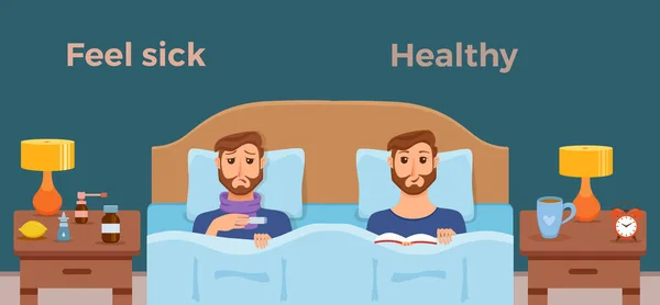 Orang sakit di tempat tidur gejala dingin, flu dan merasa sehat laki-laki dengan buku - Stok Vektor