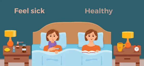 Ziek meisje in bed de symptomen van koud, griep en het gevoel van goede gezonde man met boek — Stockvector