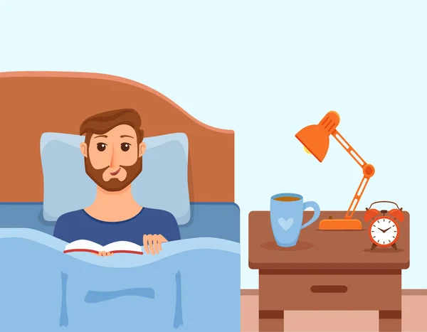 Guy couché sur le lit dans la chambre à coucher et lisant un livre dans ses mains — Image vectorielle