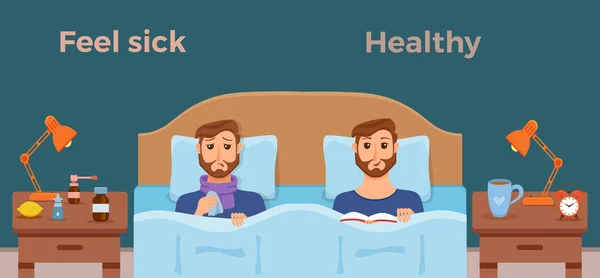 Orang sakit di tempat tidur gejala dingin, flu dan merasa sehat laki-laki dengan buku - Stok Vektor