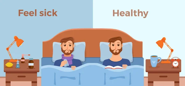 Beteg férfi az ágyban, a tünetek a hideg, influenzás, és úgy érzi, jó egészséges férfi könyvvel — Stock Vector