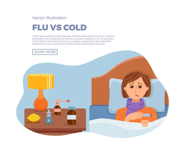 Sjuka flickan i sängen med symptom på förkylning, influensa. — Stock vektor