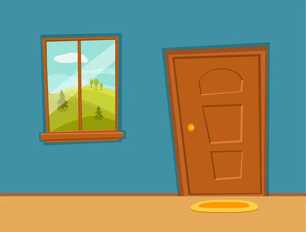 Fechar porta e janela cartoon colorido vetor ilustração com vale verão sol paisagem — Vetor de Stock
