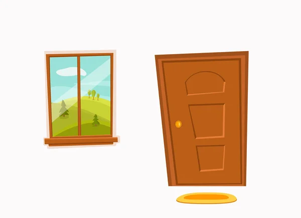 Chiudi porta e finestra cartone animato colorato vettoriale illustrazione con valle estate sole paesaggio — Vettoriale Stock