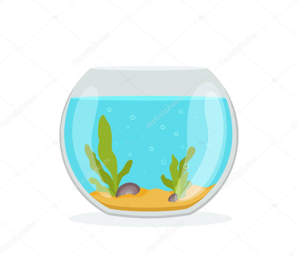 Vector aquarium golden fish silhouette illustration with water, seaweed, shells, sand bubbles.