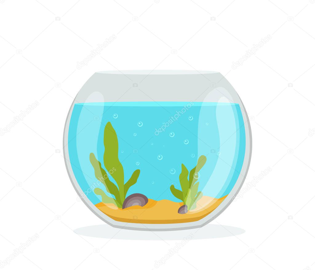 Vector aquarium golden fish silhouette illustration with water, seaweed, shells, sand bubbles. Colorful cartoon flat aquarium marine pet for your design