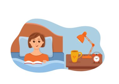 Kız eve yatak yatakta yatan ve bir kitap okuma