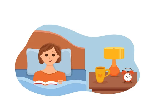 Fille couchée sur le lit dans la chambre à coucher et la lecture d'un livre — Image vectorielle